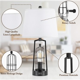 Farmhouse Table Lamps with 2 USB Ports, Set of 2 Rustic Industrial Desk Lamp for Living Room, 2-Light Black Bedside Lamp, Bedroom Nightstand Lamp with White Lampshade for House Decor, Reading