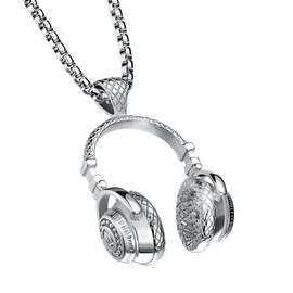 PAURO Men's Stainless Steel Music Headset DJ Headphone Pendant Biker Necklace, Silver