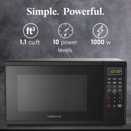 Farberware 1.1 Cu. Ft. Countertop Microwave Oven – 1000 Watts Power, Auto Cook Settings, Defrost, Easy Clean and Child Safety Lock - Black