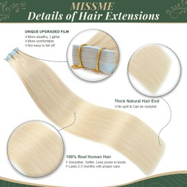 MISSME Tape-In Extensions, Real Hair, 40 cm, #60 Platinum Blonde, Real Hair, Pack of 20, Real Hair Bonding Extensions, 40 g, Tape-In Extensions, Real Hair
