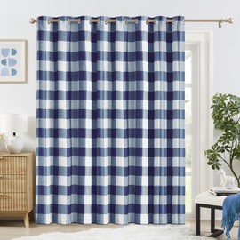 Melodieux Buffalo Check Plaid Patio Door Curtain 84 Inches Long, Thermal Insulated Extra Wide Curtains for Sliding Glass Doors, Blackout Living Room Divider Drape, Blue, 100 x 84 Inch, 1 Panel