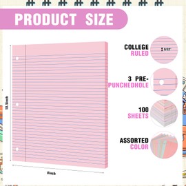 PerKoop 12 Pack 600 Sheets Colored Lined Paper Bulk Wide Ruled 8 x 10.5 Inches, Loose Leaf Notebook Paper 3 Hole Ring Punched Filler School Supplies, Line Spacing 0.7cm (Cute Color)
