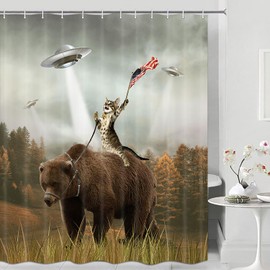 Shocur Funny Shower Curtain, Cool Cat Riding Brown Bear and Forest Sky Alien UFO, 72 x 72 Inches Polyester Fabric Kids Bathroom Decor Set with 12 Hooks