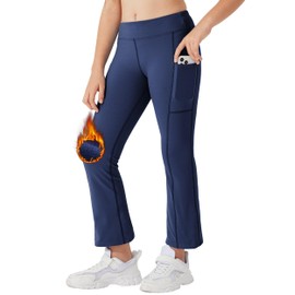 Willit Girls Fleece Lined Pants Flare Leggings with Pockets High Waist Yoga Pants Bootcut Water Resistant Navy Blue M