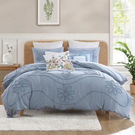 Peri Home 100% Cotton 3-Piece Duvet Cover and Sham Set, Full/Queen, Blue Retro Scroll