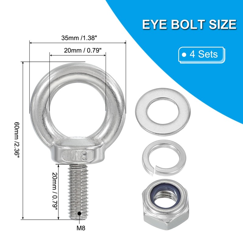 PATIKIL M8 x 20mm Eye Bolt with Nut, 4 Pack