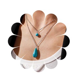 Cimenexe Bohemian Layered Turquoise Necklace Silver Teardrop Turquoise Bead Pendant Necklace Water Drop Turquoise Choker Necklace Blue Natural Stone Chain Necklace Jewelry for Women and Girls Gifts