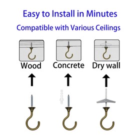 4 Sets Heavy Duty Swag Ceiling Hooks with Hardware for Hanging Plants, Cavity Wall Fixing, Easy Installation, Holds Up to 30lbs, Ideal for Home & Garden (4 Sets, Antique Brass)