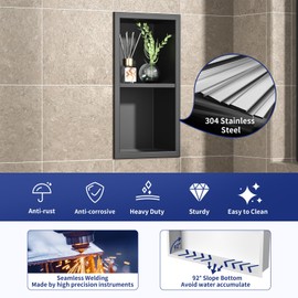 Bernkot Shower Niche, 304 Stainless Steel Wall Niche Shower Stool for Bathroom, Recessed Shower Footrest w/Over Mount Installation, No Tile Needed (Matte Black, 12.3''x6'')