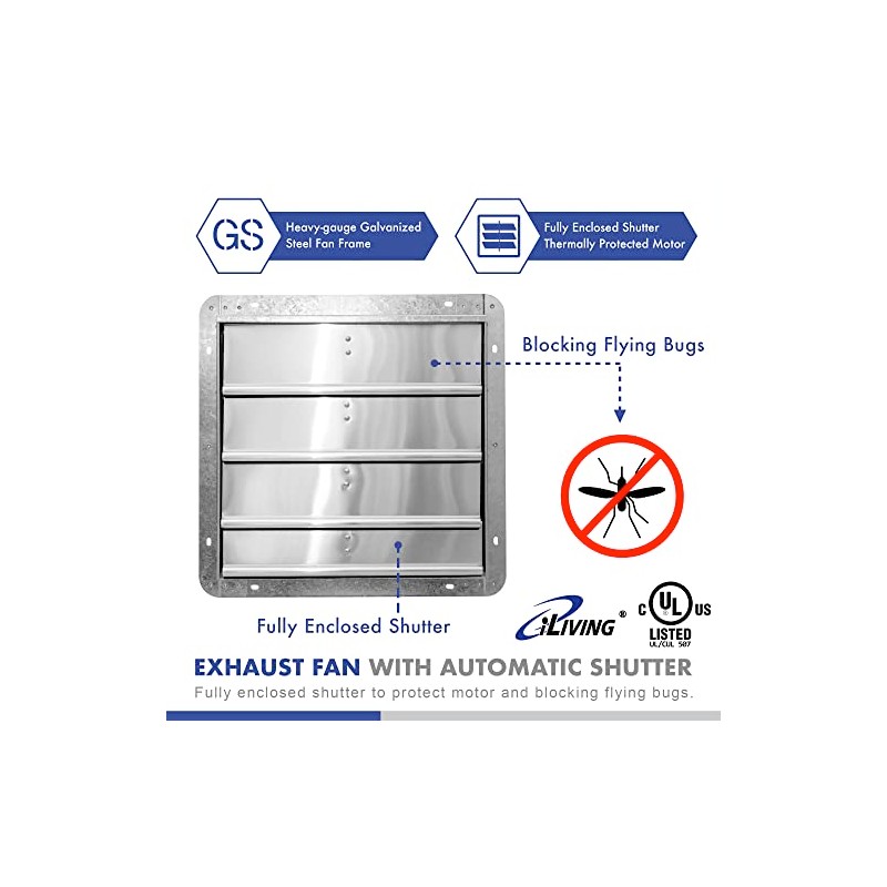 iLIVING 16" Wall Mounted Shutter Exhaust Fan, Automatic Shutter, with