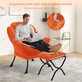Halituny Fabric Lazy Chair with Ottoman, Oversized Upholstered Sofa Chair for Adults, Plush Comfy Lounge Chair with Large Side Storage Pocket, Reading Chair for Living Room, Bedroom, Office, Orange