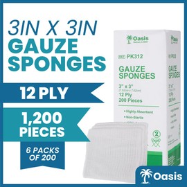 Oasis Gauze Sponges, 100% Cotton, Woven Non-Sterile Gauze, 1200 Pc (6 Packs of 200) (3"x3", 12-Ply)