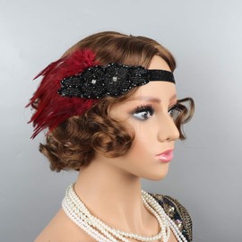 LOWOSAIWOR Vintage 1920s Headpiece for Women Red 1920 Hair Accessories Headband Feather 20s Gatsby Headpiece(LK1010)