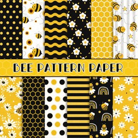 Whaline 12 Design Bee Pattern Paper Pack 24Pcs Yellow Black Honeycomb Scrapbook Paper Double-Sided Collection Decorative Craft Paper for Card Making Scrapbook Photo Album Decor, 6 x 6inch