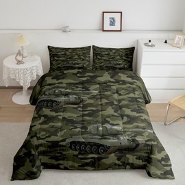 Army Green Tanks Comforter Set Full Size Dark Green Camo Bedding Set 3Pcs 3D Print Camouflage Car Quilt Set for Kids Girls Boys Teens Room Decor All Season Soft Duvet Insert,2 Pillowcases