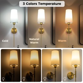 NookNova Battery Operated Wall Sconce Set of 2, 13000MHA Rechargeable Wall Sconce with Remote Dimmable Wireless Battery Powered Wall Lamp Decor Fixture for Bedroom Living Room Fabric Shade Gold+White
