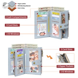 GAEKEAO Wallets for Women Leather RFID Blocking Bifold Double Zipper Pockets Wallet Card Case Purse with 4 ID Windows