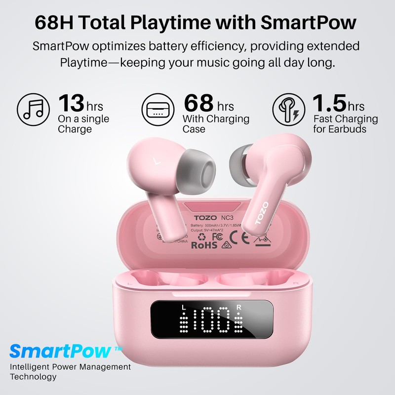 TOZO Hybrid Active Noise Cancelling Wireless Earbuds with 6 Mics