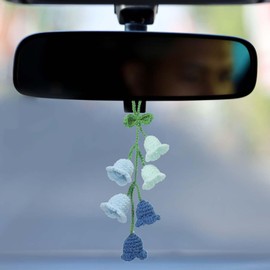 sourcing map Crochet Car Hanging Accessory, Handmade Ornament with 6 Cute Little Lily of the Valley Flowers for Car Decor Bag Keychain, Aqua/Blue/Dark Blue