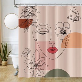 Uiiooazy Abstract Face Shower Curtain, Boho Arch Floral Mid Century Modern Minimalist Bath Curtain Mildew and Mould Proof Waterproof Polyester Fabric Opaque Bathroom Curtain with 12 Hooks 180Wx180Hcm