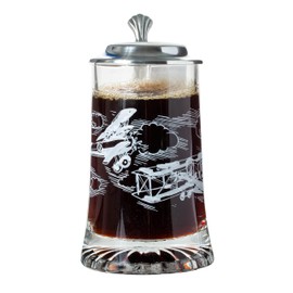 Artisan Owl Glass Aviator Biplane Etched Design Beer Stein with Metal Lid and Thumb Lift