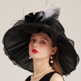 Kentucky Organza Derby Top Hats for Women Sun Visor Cap Ladies Flowers Bride Weeding Fascinators Wide Brim Fedoras, Black 5, Medium
