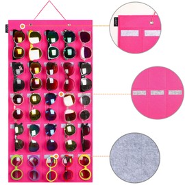 AROUY Sunglasses Organizer - Hanging Wall Pocket with 25 Felt Slots - Sturdy Rope (Large, Rose)