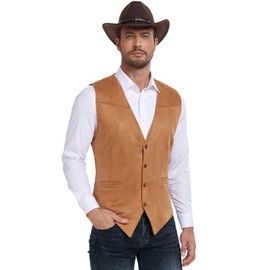 Century Star Men's Suede Leather Cowboy Vest Western Suit Casual Dress Wedding Waistcoat Pirate Vintage Renaissance, Brown, XX-Large