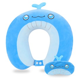 Travel Pillow, Kids Travel Pillow with Sleep Eye Mask Soft Memory Foam Kids Neck Pillow for Boys & Girls, Travel Accessories for Car Airplane Traveling - Whale