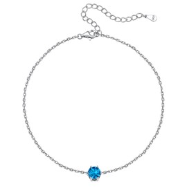 ChicSilver 925 Sterling Silver Ankle Bracelet for Women, Minimalist Delicate 6mm Round Cut Synthetic Topaz Blue Zircon December Birthstone Anklets Beach Foot Jewelry
