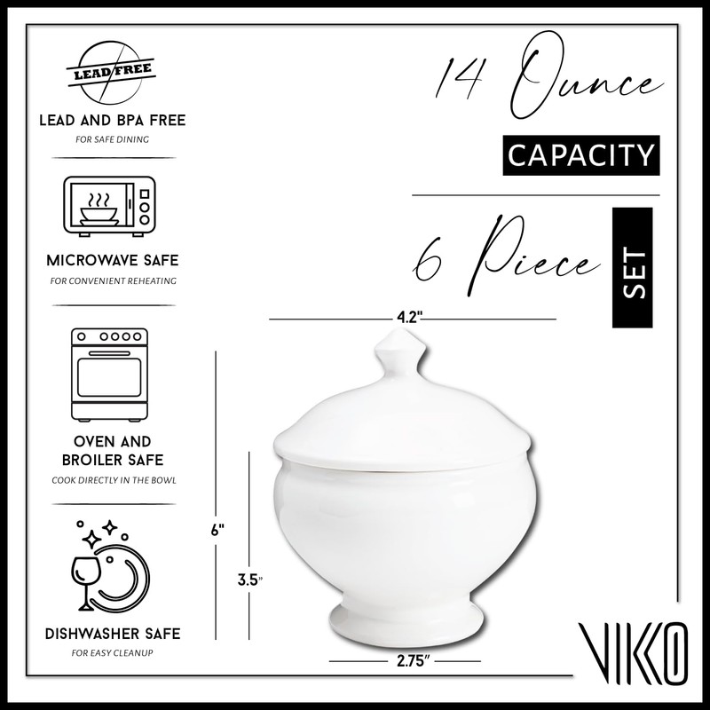 Vikko Soup Crocks With Lids, 14 Ounce Elegant White Soup