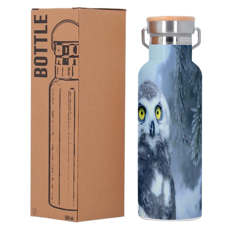 Edelstahlflasche Isolierte Thermosflasche - Baby Eule im Schnee Prächtige gelbe