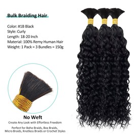 MSCICI Short-Free Black Human Braiding Hair 18inch 150g 3 Bundles/Pack, 100% Remy Human Hair Deep Curly No Weft Bulk Human Hair for Boho Knotless Braids Fulani Twist Crochet Braids for Black Women