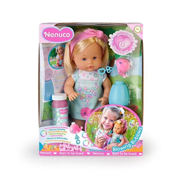 Nenuco - Bolle, bambola corpo rigido, 35 cm con capelli biondi, soffia e fa bolle di sapone, per bambine e bambini dai 2 anni, Famosa (NFN30000)