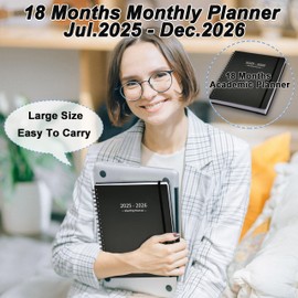 Monthly Planner 2025-2026 (7.4'' x 9.6''), 18 Months Calendar Planner from Jul 2025-Dec 2026, 2025 Agenda with Pocket, 120GSM Paper, Black