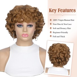 Quick Wig Human Hair Wigs Short Curly Bob Wig for Black Women None Lace Big Curly Wig with Bangs Pixie Cut African American Wigs (30#)
