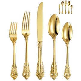 KEAWELL Luxury 45-Piece Flatware Set, 18/10 Stainless Steel Tableware, Service for 8, Antique Baroque Gold-Plated Silverware Set (Gold)