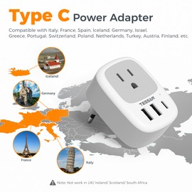 2 Pack European Travel Plug Adapter, TESSAN US to Europe Plug Adapter with 3 USB Ports (1 USB C), Type C Power Outlet for EU International Italy Iceland Spain France Germany