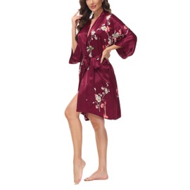 OSCAR ROSSA Women's Mulberry Silk Sleepwear 100% Silk Charmeuse Printed Short Robe Kimono, Plum Blossom Wine, M/L