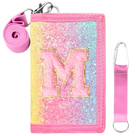 SiorVeol Girls Wallet for Kids Initial Glitter Wallets Trifold with Zipper and Card Slots Including Neck Lanyard and Hanging Strap, Vertical Rainbow, M