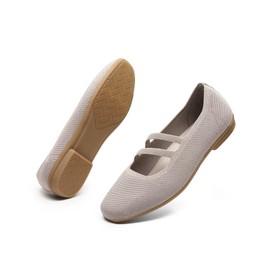 DEXJEWU Women’s Ballet Flats Knit Mary Jane Flat Comfort Walking Slip-on Dressy Work Driving Shoes with Straps, 035 Khaki, 10 US