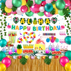 Luau Party Decorations, Hawaiian Party Decorations, Tropical Party Decorations - ALOHA Banner, HAPPY BIRTHDAY Banner, Table Skirt, Table Covers, Balloons,Multi-Type Topper, Leaves And Drinking Straws