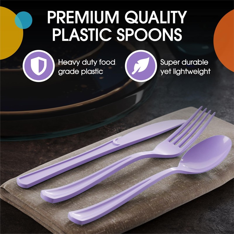 Disposable Lavender Plastic Spoons 50 Pcs - Heavy Duty Lavender