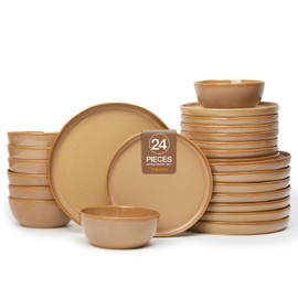 FOBENTA Handcrafted Dish Set for 8,24 Piece Rustic Brown Ceramic Plates and Bowls Set – Vintage-Inspired Dinnerware Sets for Hosting & Everyday Warmth