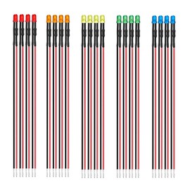 Light Emitting Diode, Wired Included, 0.1 inch (3 mm), 12 V, 5 Colors, Pack of 20, LED Diode, LED Line Light, LED Line Lamp, Cable Line Wire, Indicator Lamp, Toy Lamp, Railway Model, Building Model
