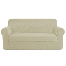CHUN YI Stretch Sofa Slipcover 2-Piece Couch Cover, 3 Seater Settee Coat Soft with Elastic Bottom, Checks Spandex Jacquard Fabric, Large, Ivory White/Cream