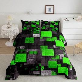 Feelyou Full Size Geometric Grid Comforter Set Green Black Bedding Set Abstract Art Comforter Boys Girls Geometrics Duvet Insert Kids Bedroom Decor 3Pcs