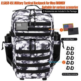 R.SASR Military Tactical Backpack 45L Large Tactical Backpack for Men, Hiking Rucksack With Bottle Holder (Black and White)