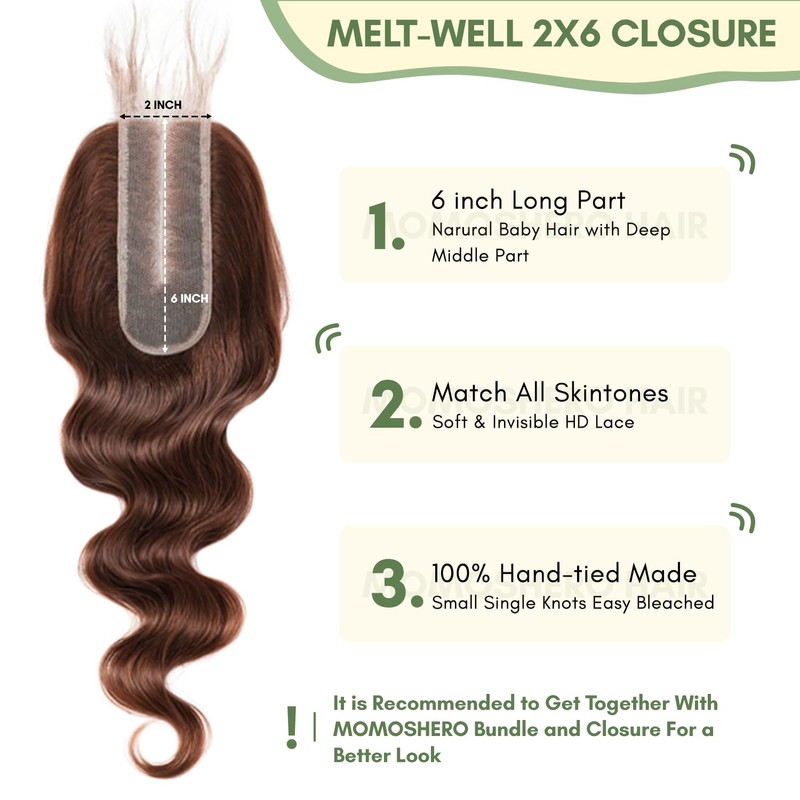 MOMOSHERO Chocolate Brown 3 Bundles with 2x6 HD Lace Closure