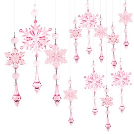 SOFPLATE 15Pcs 3 Styles Crystal Christmas Tree Ornaments Pink Acrylic Snowflake Ornaments Holiday Crystal Snowflakes Decoration for Christmas Tree Winter Wonderland Decor Party Wedding Celebration